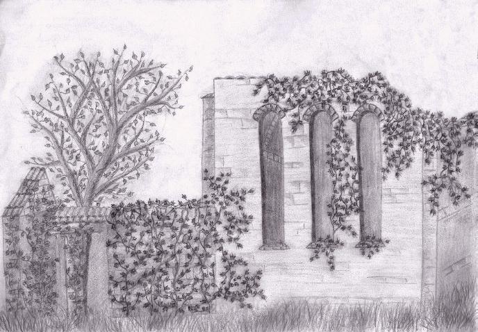 Dessin de l'extérieur du choeur du Temple de la Boixe, Aline OUVRARD, avril 2000